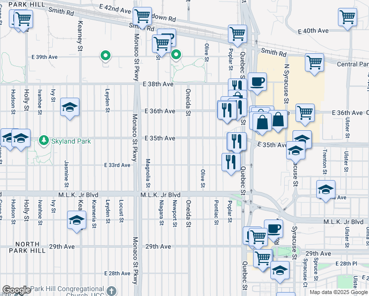 map of restaurants, bars, coffee shops, grocery stores, and more near 3371 Oneida Street in Denver