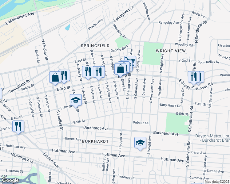 map of restaurants, bars, coffee shops, grocery stores, and more near 59 South Hedges Street in Dayton