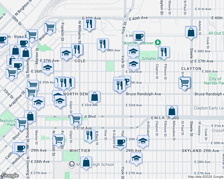 map of restaurants, bars, coffee shops, grocery stores, and more near 3421 Gaylord Street in Denver
