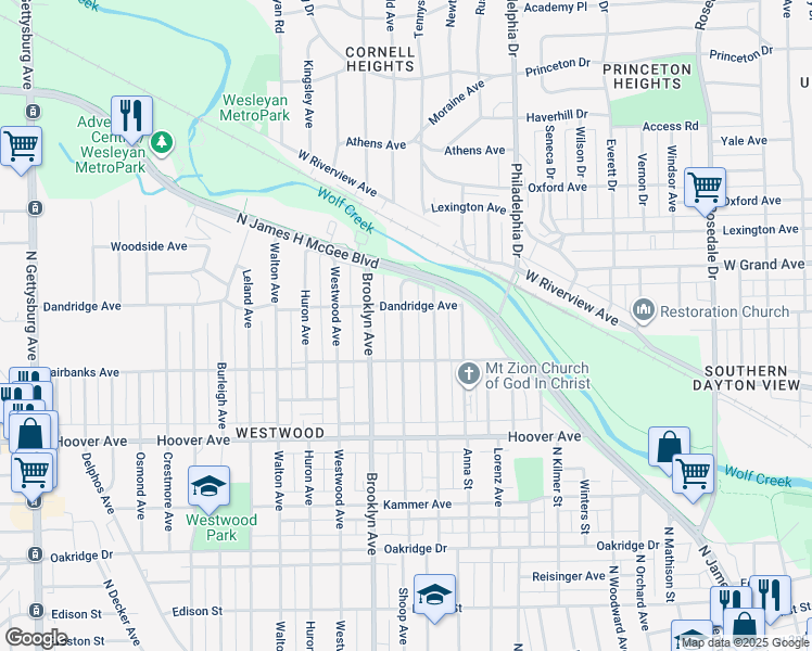 map of restaurants, bars, coffee shops, grocery stores, and more near 640 Shoop Avenue in Dayton