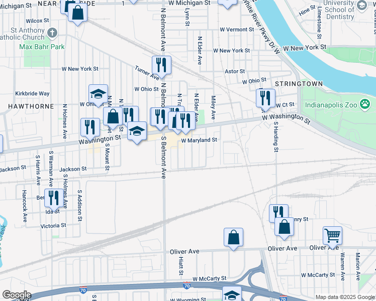 map of restaurants, bars, coffee shops, grocery stores, and more near 122 South Elder Avenue in Indianapolis