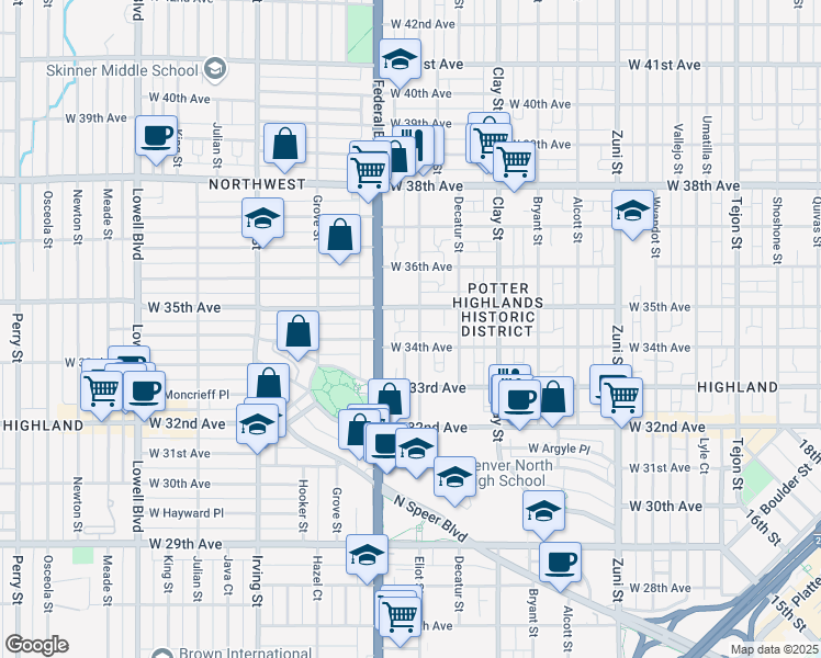 map of restaurants, bars, coffee shops, grocery stores, and more near 3425 Eliot Street in Denver