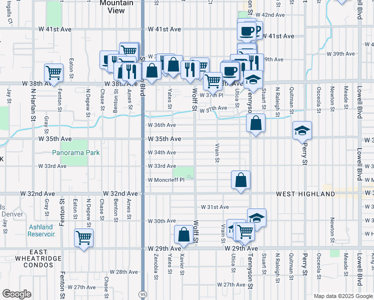 map of restaurants, bars, coffee shops, grocery stores, and more near 4823 West 34th Avenue in Denver