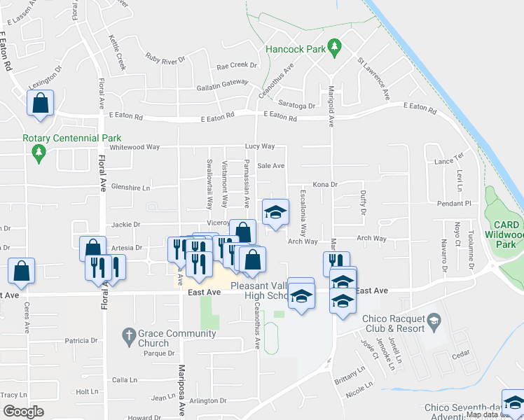 map of restaurants, bars, coffee shops, grocery stores, and more near 2738 Ceanothus Avenue in Chico