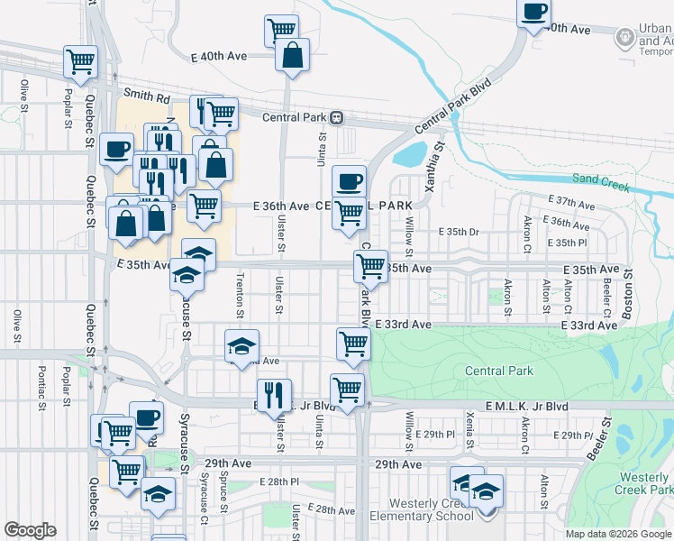 map of restaurants, bars, coffee shops, grocery stores, and more near 8300 East 35th Avenue in Denver
