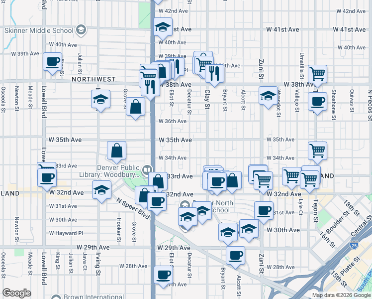 map of restaurants, bars, coffee shops, grocery stores, and more near 3421 Decatur Street in Denver