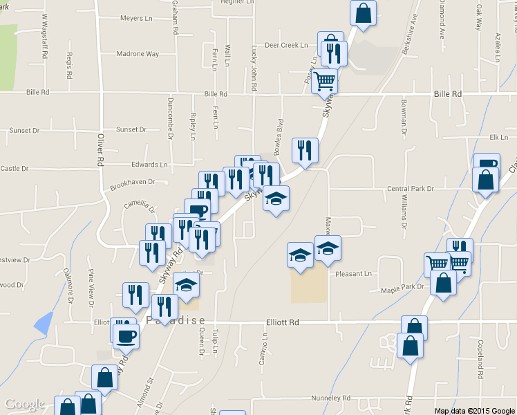 map of restaurants, bars, coffee shops, grocery stores, and more near 6102 Lucky John Road in Paradise
