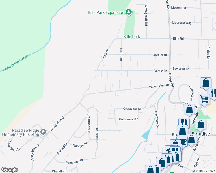 map of restaurants, bars, coffee shops, grocery stores, and more near 433 Valley View Drive in Paradise