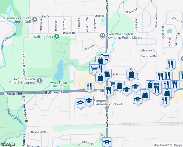 map of restaurants, bars, coffee shops, grocery stores, and more near 108 Highway 267 in Avon