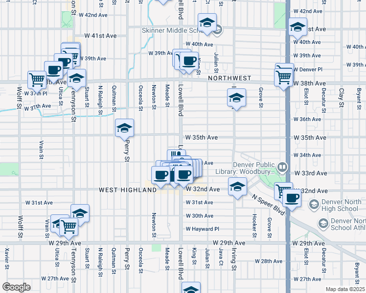 map of restaurants, bars, coffee shops, grocery stores, and more near 3493 West 34th Avenue in Denver