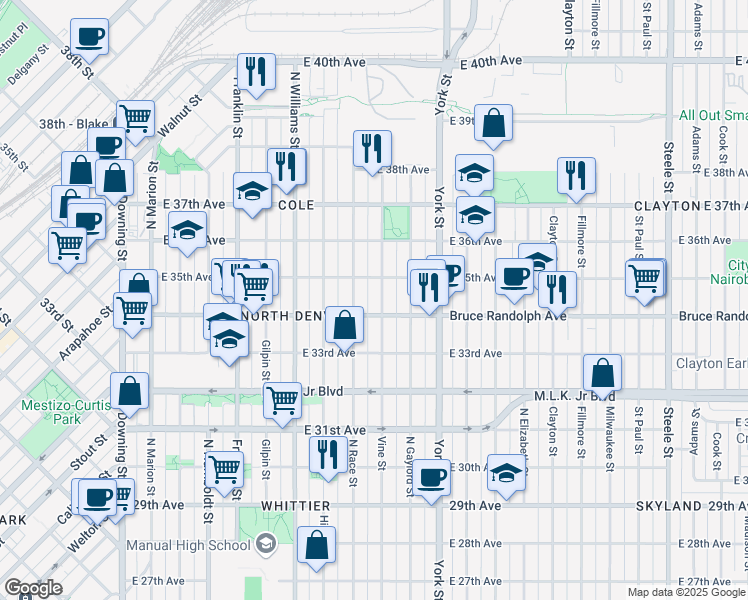 map of restaurants, bars, coffee shops, grocery stores, and more near 3421 Vine Street in Denver