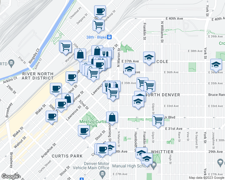 map of restaurants, bars, coffee shops, grocery stores, and more near 3420 North Downing Street in Denver