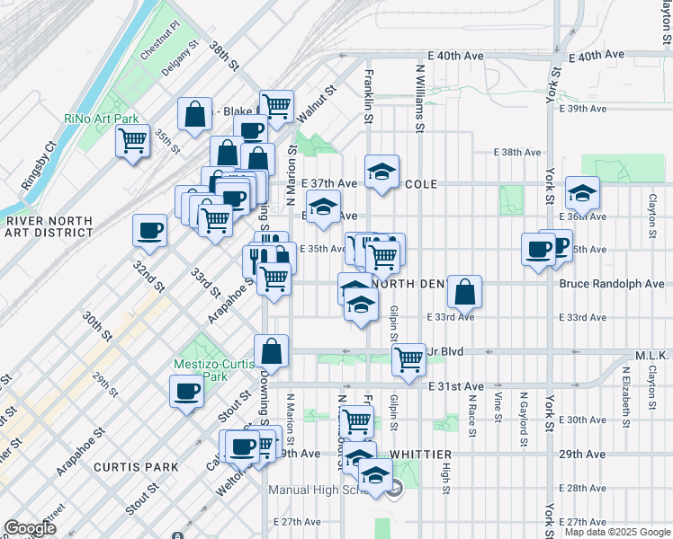 map of restaurants, bars, coffee shops, grocery stores, and more near 3419 Humboldt Street in Denver