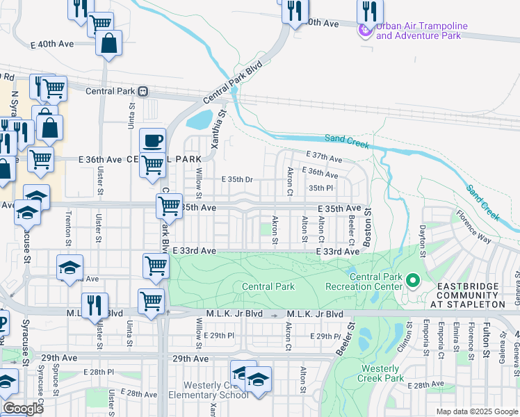 map of restaurants, bars, coffee shops, grocery stores, and more near 8906 East 35th Avenue in Denver