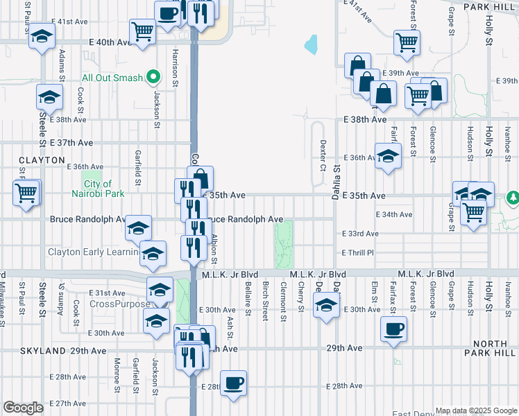 map of restaurants, bars, coffee shops, grocery stores, and more near 3433 Bellaire Street in Denver