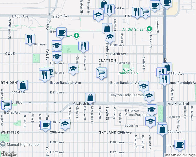 map of restaurants, bars, coffee shops, grocery stores, and more near 3428 Milwaukee Street in Denver