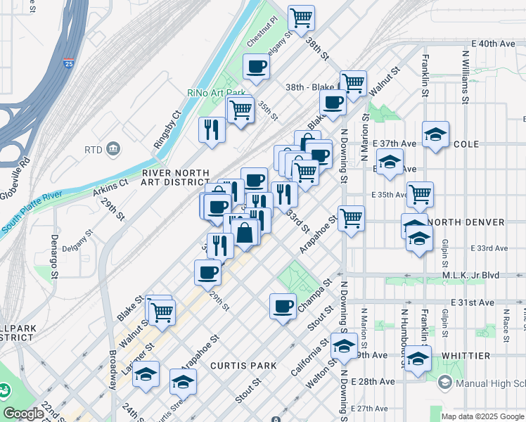 map of restaurants, bars, coffee shops, grocery stores, and more near in Denver