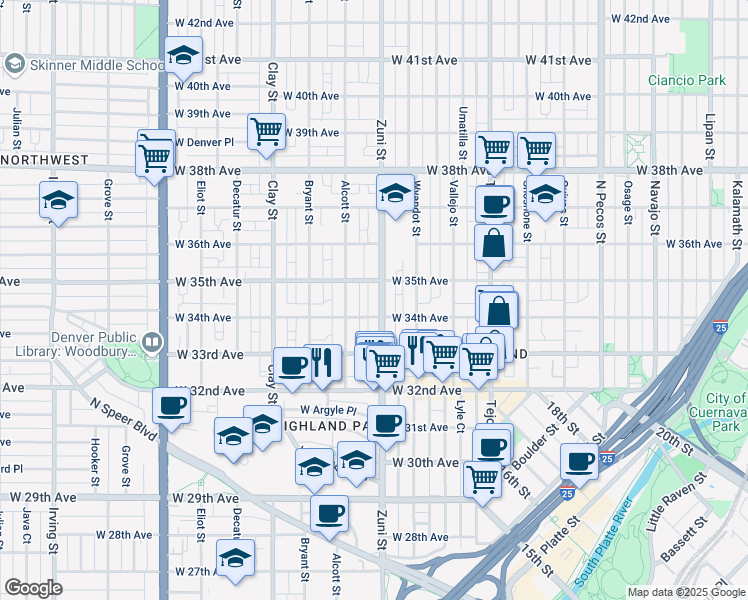 map of restaurants, bars, coffee shops, grocery stores, and more near 3423 Zuni Street in Denver