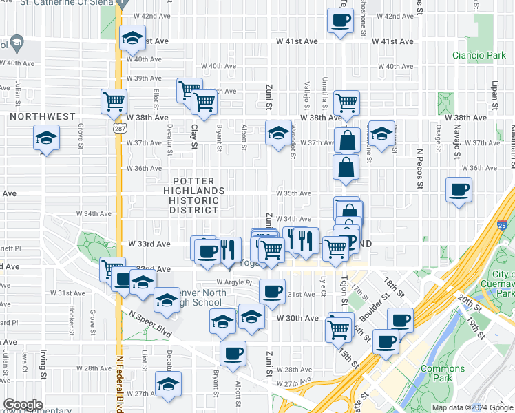 map of restaurants, bars, coffee shops, grocery stores, and more near 3423 Zuni Street in Denver