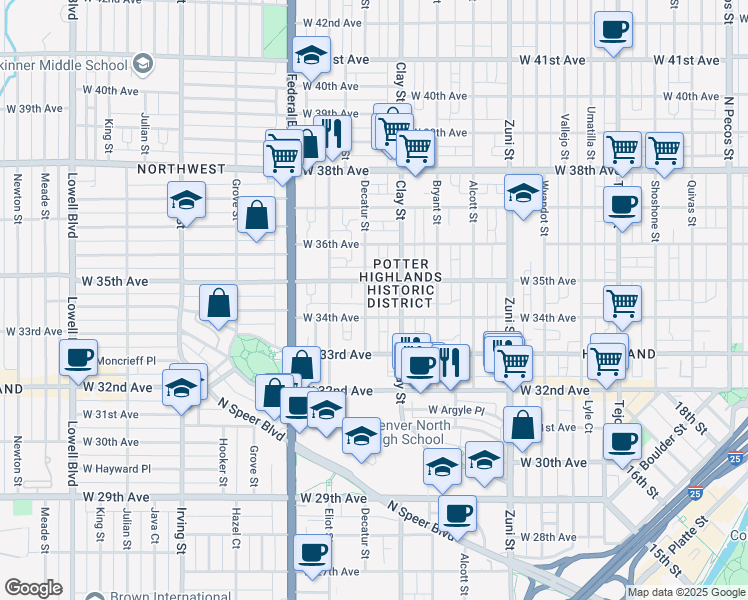 map of restaurants, bars, coffee shops, grocery stores, and more near in Denver