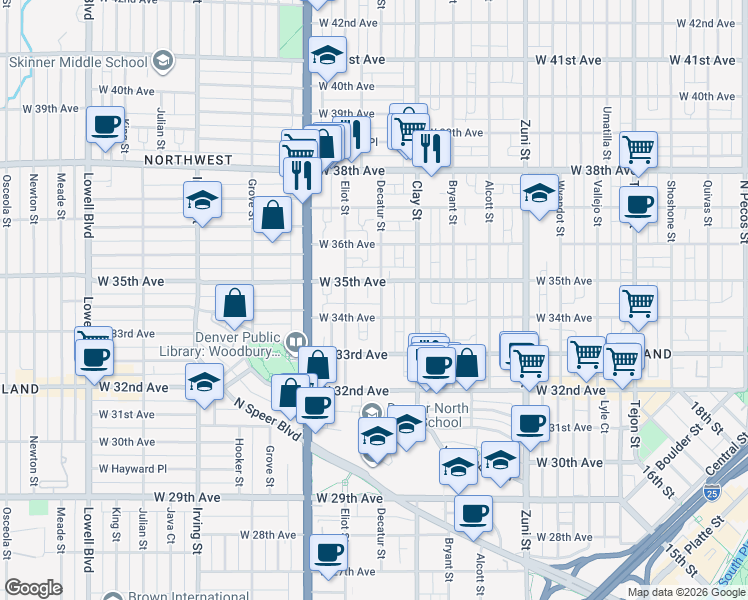map of restaurants, bars, coffee shops, grocery stores, and more near 3421 Decatur Street in Denver