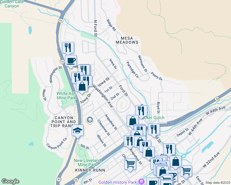 map of restaurants, bars, coffee shops, grocery stores, and more near 612 2nd Street in Golden