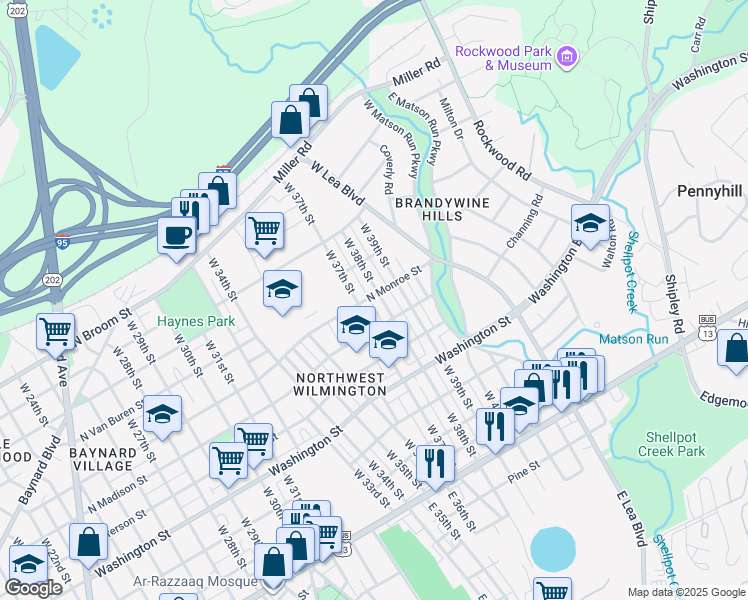 map of restaurants, bars, coffee shops, grocery stores, and more near 517 West 37th Street in Wilmington