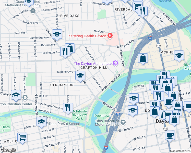 map of restaurants, bars, coffee shops, grocery stores, and more near 72 Central Avenue in Dayton