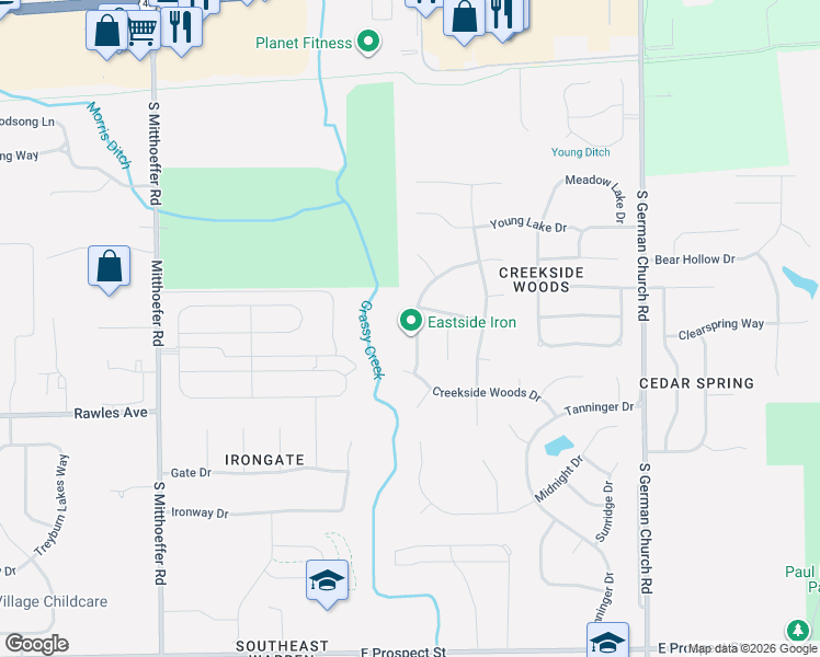 map of restaurants, bars, coffee shops, grocery stores, and more near 349 Creekstone Drive in Indianapolis