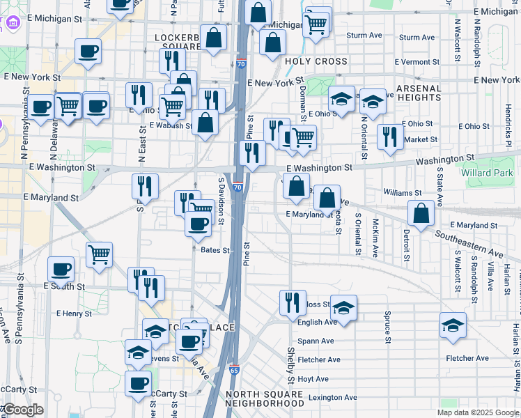 map of restaurants, bars, coffee shops, grocery stores, and more near 50 Shelby Street in Indianapolis