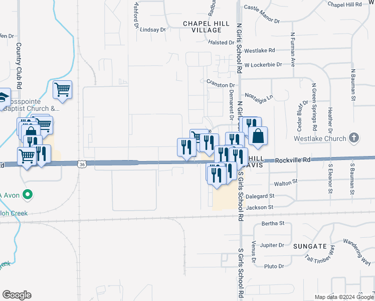 map of restaurants, bars, coffee shops, grocery stores, and more near 7455 Rockleigh Ave in Indianapolis