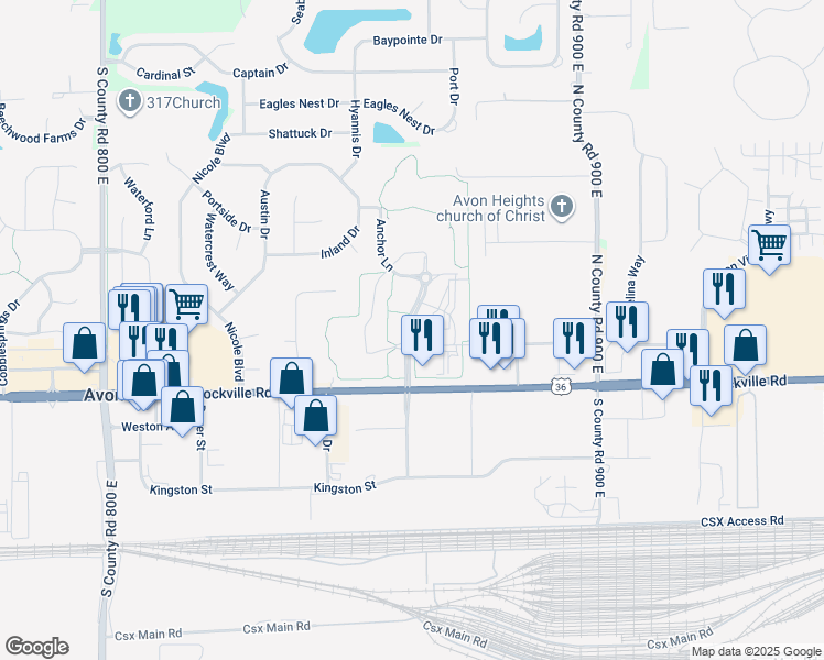 map of restaurants, bars, coffee shops, grocery stores, and more near 153 Satori Parkway in Avon