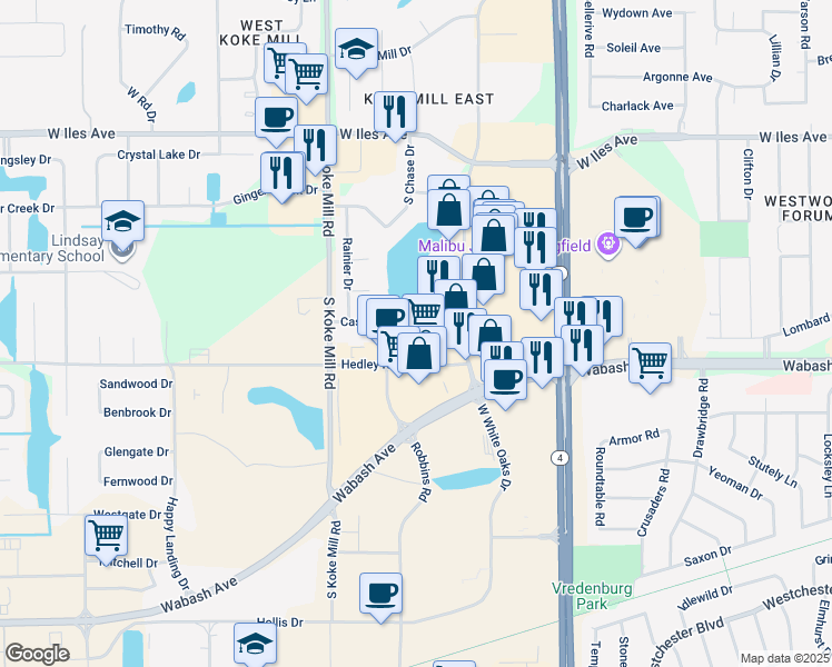 map of restaurants, bars, coffee shops, grocery stores, and more near 3000-3106 Cascade Drive in Springfield
