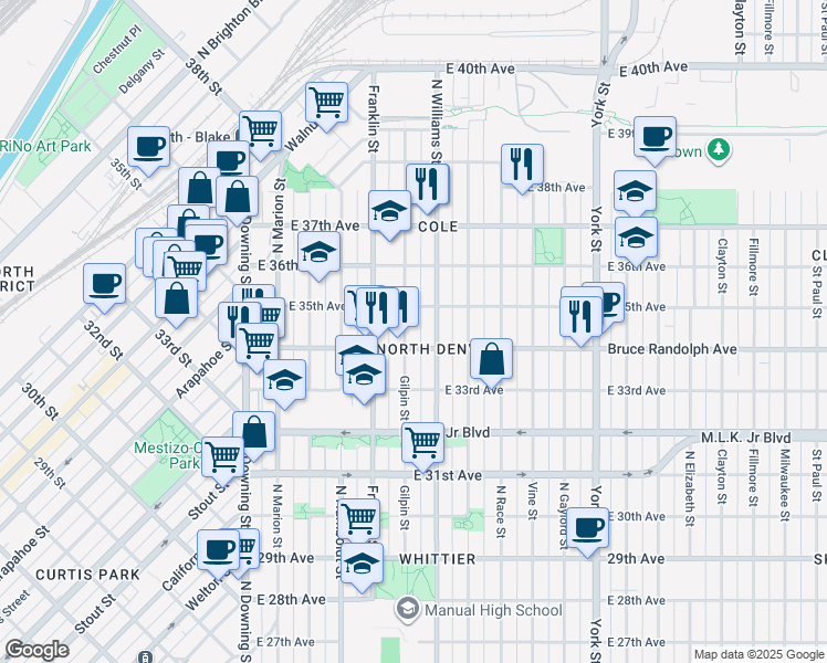 map of restaurants, bars, coffee shops, grocery stores, and more near 3422 Gilpin Street in Denver