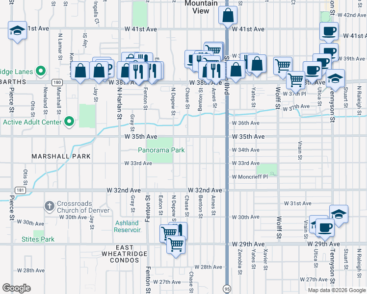 map of restaurants, bars, coffee shops, grocery stores, and more near 3385 Chase Street in Wheat Ridge