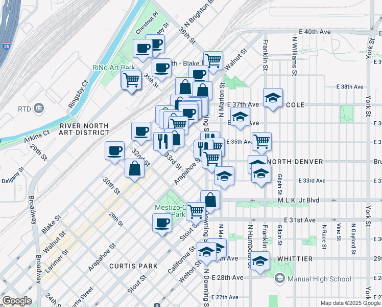 map of restaurants, bars, coffee shops, grocery stores, and more near 1180 34th Street in Denver