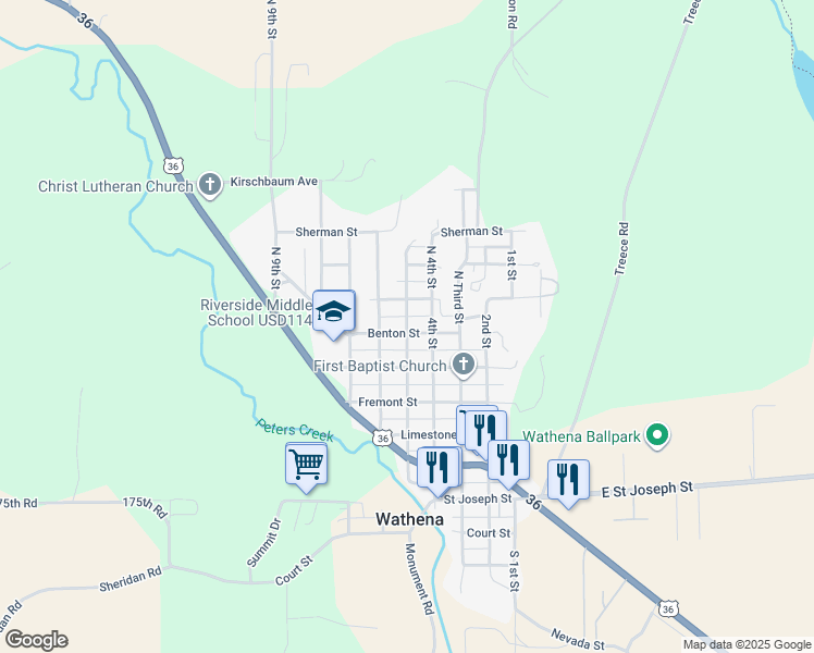 map of restaurants, bars, coffee shops, grocery stores, and more near 648 5th Street in Wathena