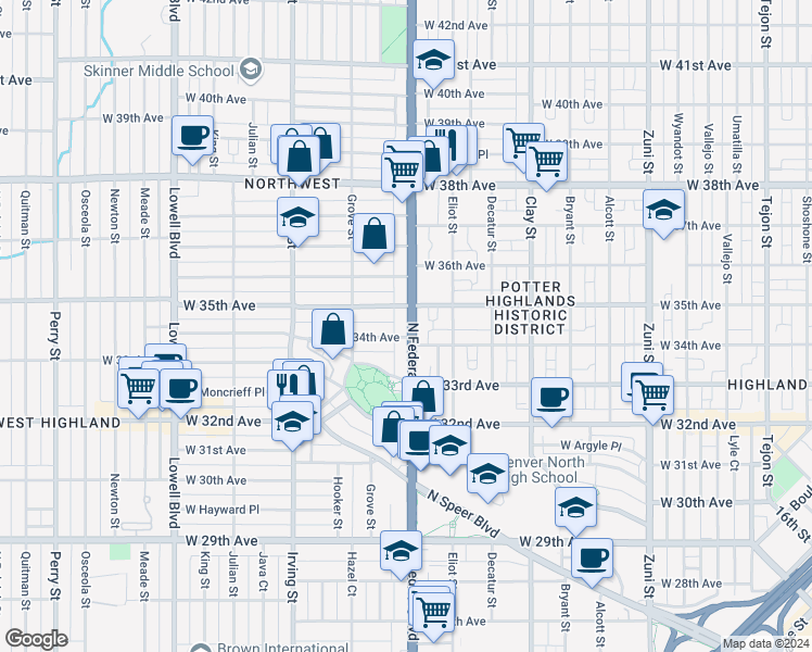 map of restaurants, bars, coffee shops, grocery stores, and more near 3429 U.S. 287 in Denver
