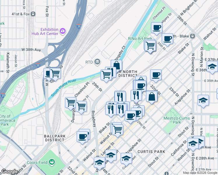 map of restaurants, bars, coffee shops, grocery stores, and more near 2900 Brighton Boulevard in Denver