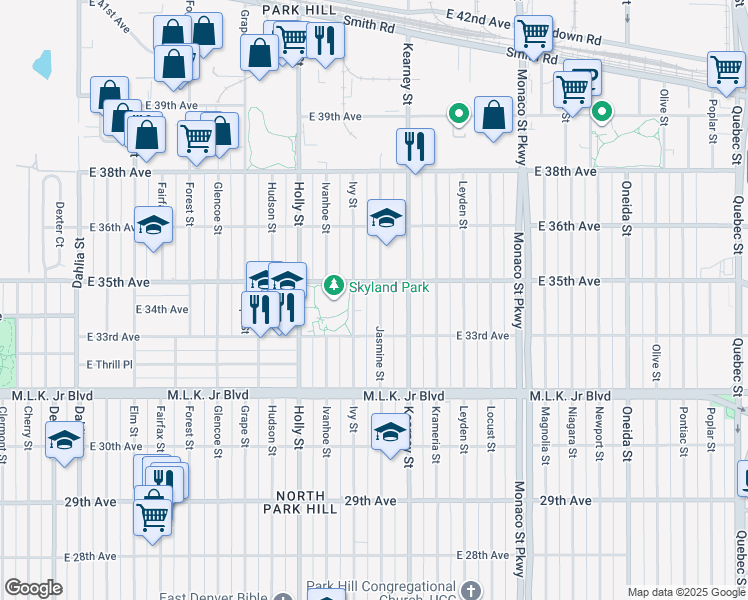map of restaurants, bars, coffee shops, grocery stores, and more near 3363 Jasmine Street in Denver
