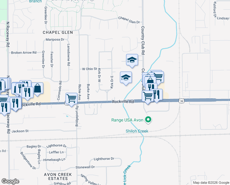 map of restaurants, bars, coffee shops, grocery stores, and more near 55 Kirk Drive West in Indianapolis