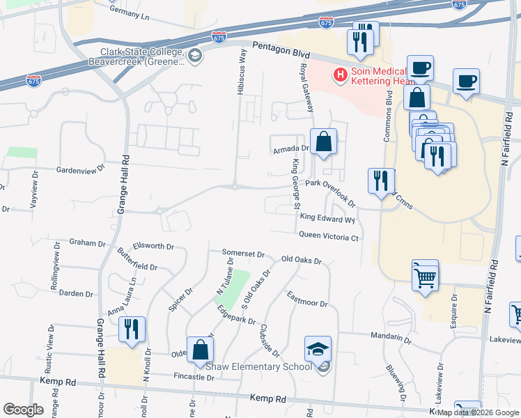 map of restaurants, bars, coffee shops, grocery stores, and more near 3627 King Edward Way in Dayton