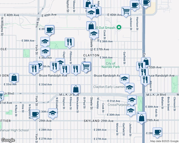 map of restaurants, bars, coffee shops, grocery stores, and more near 3427 Steele Street in Denver