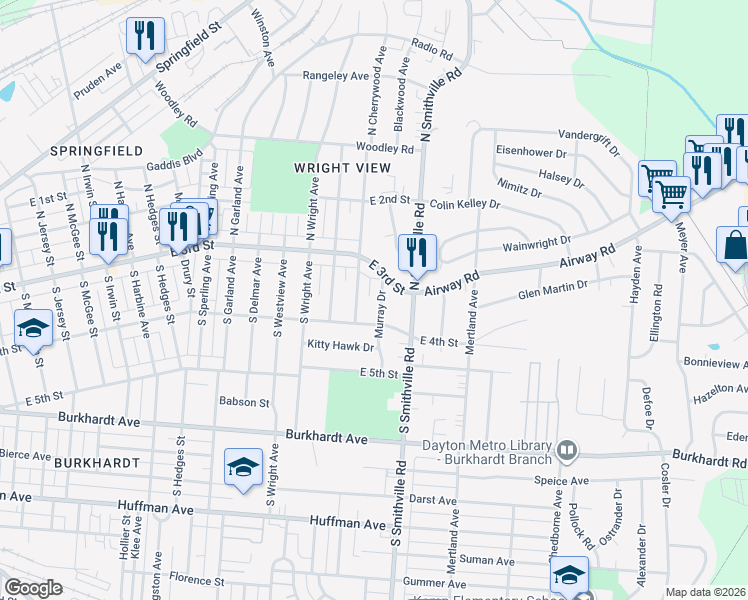 map of restaurants, bars, coffee shops, grocery stores, and more near 29 Murray Drive in Dayton