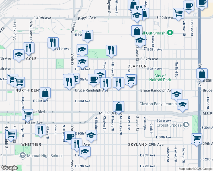 map of restaurants, bars, coffee shops, grocery stores, and more near 3404 Clayton Street in Denver