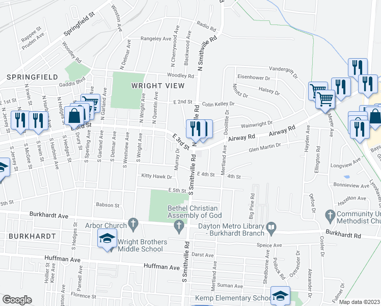 map of restaurants, bars, coffee shops, grocery stores, and more near 5 Smithville Road in Dayton