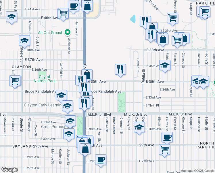 map of restaurants, bars, coffee shops, grocery stores, and more near 3433 Bellaire Street in Denver