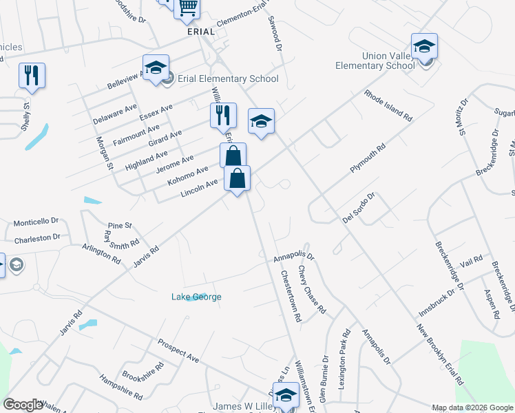 map of restaurants, bars, coffee shops, grocery stores, and more near 1600 Williamstown Erial Road in Sicklerville