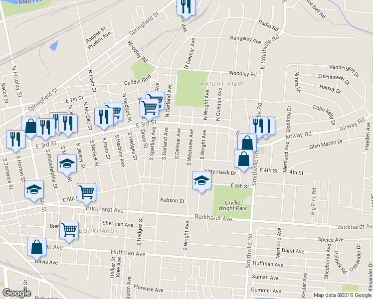 map of restaurants, bars, coffee shops, grocery stores, and more near 65 South Westview Avenue in Dayton