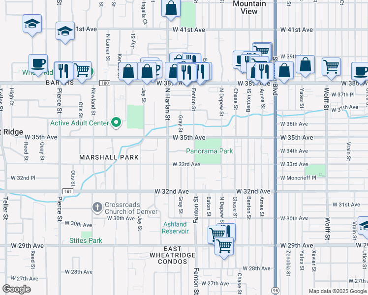 map of restaurants, bars, coffee shops, grocery stores, and more near 5895 West 34th Avenue in Wheat Ridge
